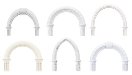 Obraz premium Ancient Roman arches set isolated on background. Vector realistic illustration of classic white stone columns and pillar details, 3D Greek marble molding gateways, elegant presentation design elements