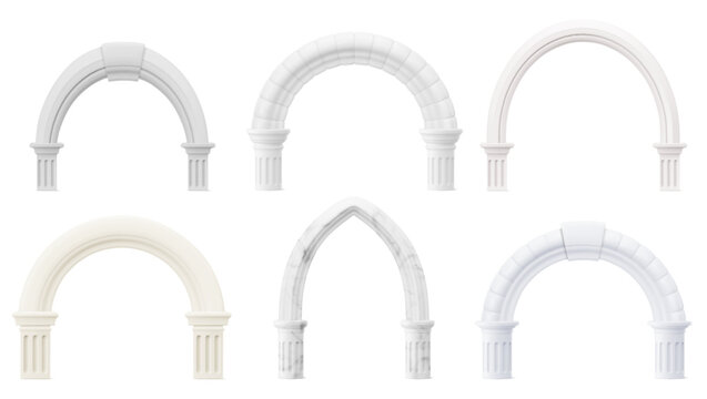Ancient Roman arches set isolated on background. Vector realistic illustration of classic white stone columns and pillar details, 3D Greek marble molding gateways, elegant presentation design elements