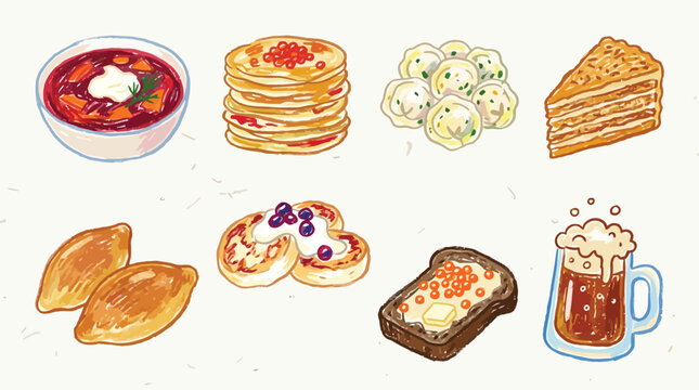 A collection of traditional Russian dishes and drinks, including borscht, blini, pelmeni, and beer.