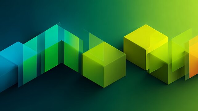 3d abstract background with green and blue glass transparent cubes. Modern geometric overlapping blocks for technology and corporate design.