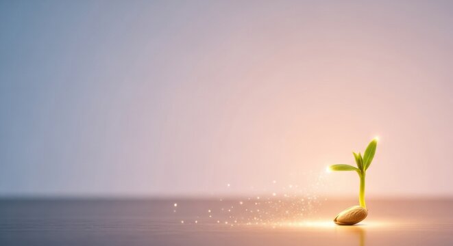Small green plant sprout emerging from a single seed on a flat surface with glowing light particles trailing behind, minimalist soft pastel gradient background with copy space.