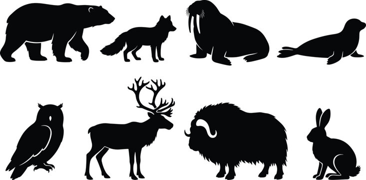 Arctic animal silhouette collection featuring bear, fox, walrus, seal, owl, reindeer, musk ox, and hare designs