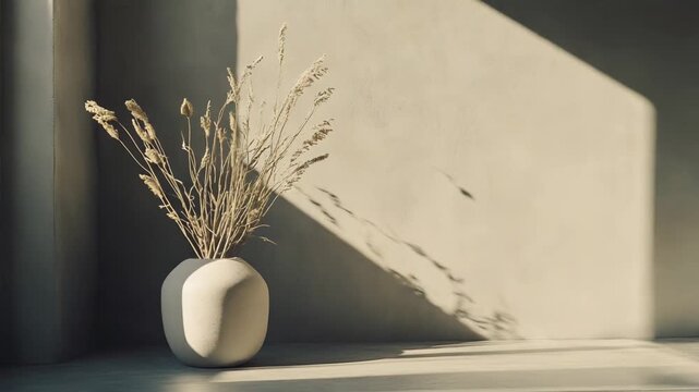 Minimalist interior design presenting a serene scene with dried common reed in a modern ceramic vase, casting subtle shadows on the warm textured wall from natural sunbeams