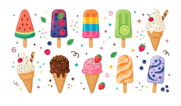 Cute Summer Popsicle and Ice Cream Vector Illustration Set