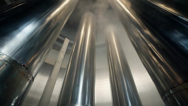 Steel industrial pipes releasing steam and vapor inside a power plant, highlighting heavy industry, heat, emissions and manufacturing processes in an urban industrial facility