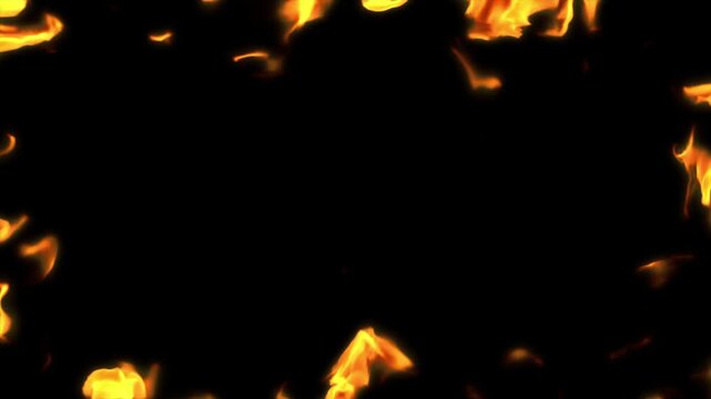 Intense fiery flames encircling a black center space with dynamic burning motion and bright orange glow for cinematic overlays, dramatic transitions and visual effects production.