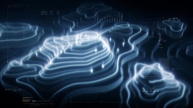 Futuristic digital topographic map HUD with glowing neon contour lines, abstract 3D terrain visualization, modern data technology and cyber landscape concept