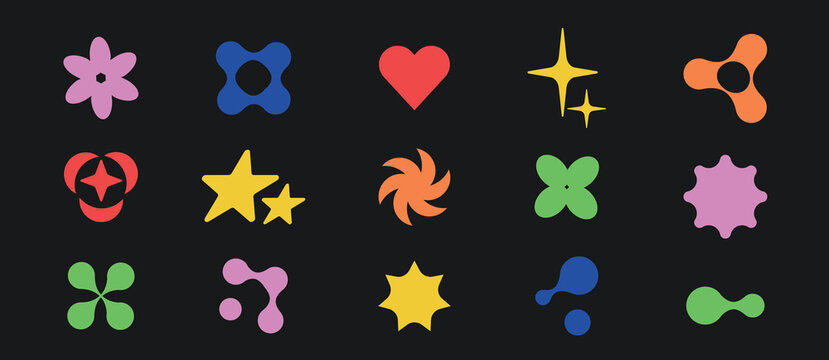 Abstract bauhaus shapes set isolated on black background. Vector realistic illustration of colorful symbols for retro poster design, brutalist bold flower, heart, star, metaball icons, groovy elements