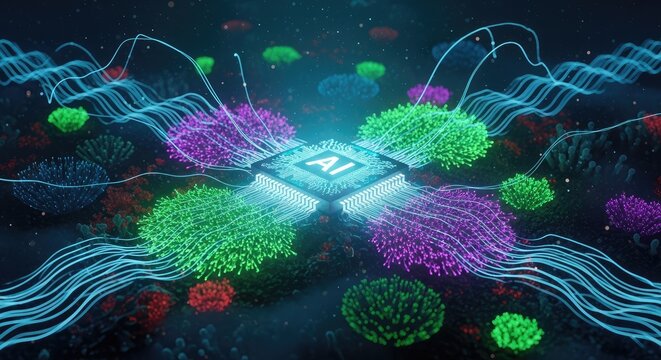 Artificial intelligence neural network concept with glowing AI chip and colorful neurons on dark background with light trails