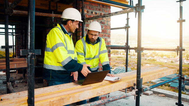 People, contractor or discussion with laptop for construction, planning or safety on rooftop site. Men, civil engineer or architect with computer in scaffolding for building or architecture in city