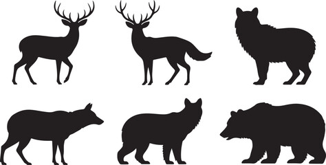 Fototapeta premium Set of wild animals silhouettes, deer, wolf and bear