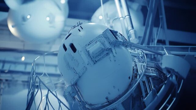 Spacecraft capsule with intricate details and advanced components, symbolizing innovation, scientific discovery, and the future of outer space exploration against a cool blue background