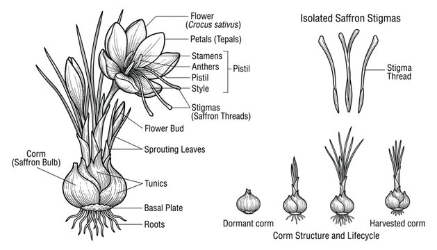 Crocus sativus saffron flower anatomy and corm life cycle detailed vector illustration for botany.