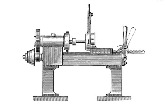 Screw cutting lathe, side view with gears, cranks, and structural bed, industrial engraving, old vintage illustration, 1897.