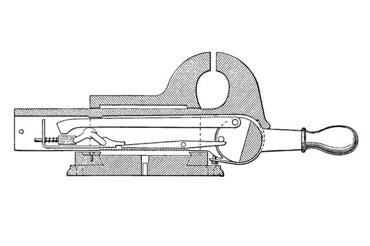 Parallel bench vise, internal cutaway schematic showing screw mechanism, guide bars, and clamping handle, old vintage illustration, 1897.