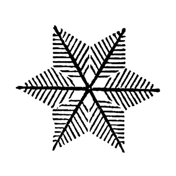 Radiating stellar snow crystal, six-pointed dendrite with lateral branches, old vintage illustration, 1897.