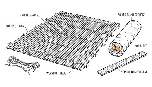 Bamboo sushi rolling mat with maki log and weaving thread details technical for vector illustration.