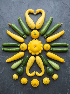 Assorted fresh summer squashes arranged in symmetrical pattern on dark slate with zucchini, culinary