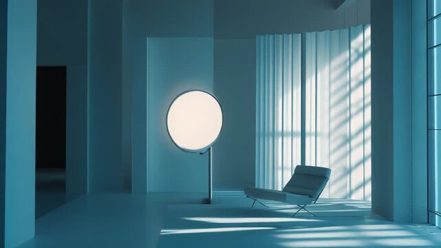 Minimalist modern interior with blue ambient light creating a serene, stylized aesthetic, featuring a lounge chair, round lamp, and geometric shadows impacting the room's mood