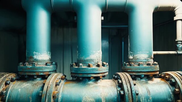 Industrial metal pipes connecting with heavily rusted flanges and bolts, conveying a sense of wear, infrastructure, and heavy machinery within a factory or plant setting