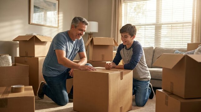 A happy father and teen son packing cardboard boxes inside a cozy living room for a residential house moving