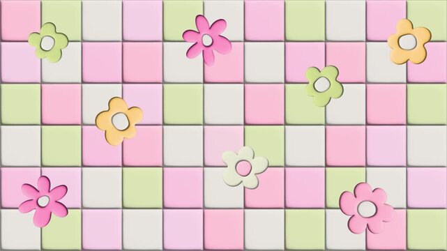 4k footage animation of pink green yellow flower popped one by one on the pastel 3d checkered background. Summer floral design. greeting card, banners, web, wrapping fashion,wallpaper. Groovy, funky
