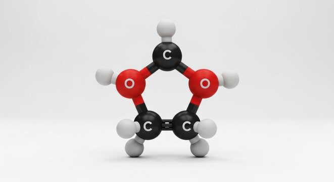 A 3D model of a benzene molecule with carbon atoms in red, oxygen atoms in black, and hydrogen atoms in white.