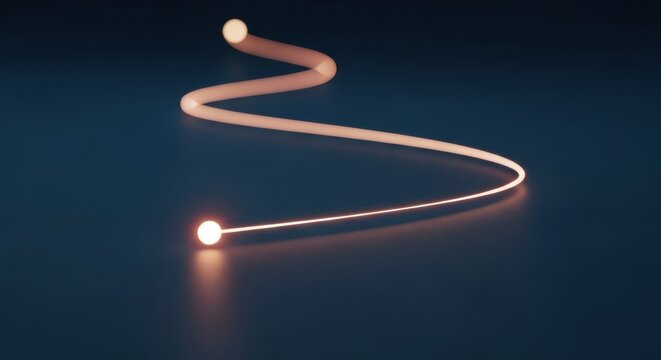 Abstract 3D illustration of a single glowing orb moving along a winding zigzag path on a dark textured surface, leaving a continuous luminous trail of light with selective focus.