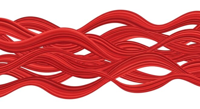 A red, wavy, abstract pattern of cables against a white background.