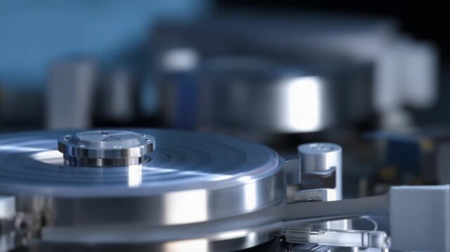 Hard drive mechanism with a rotating platter and readwrite head accessing digital data, symbolizing modern technology and the continuous processing of information
