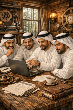 A group of five men wearing khanduras and agals are engrossed in the content displayed on a laptop. They appear to be collaborating or studying together. The setting includes a wooden desk with papers