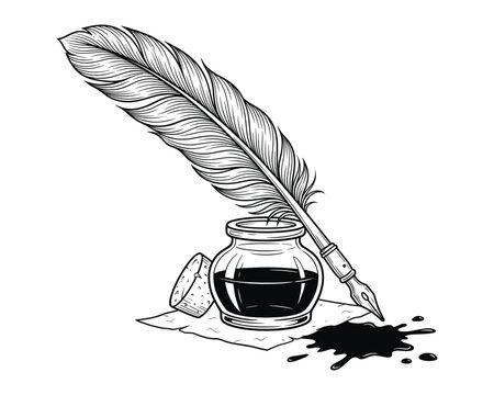 Feather pen and glass ink bottle vector illustration with spilled ink for writing document concept.
