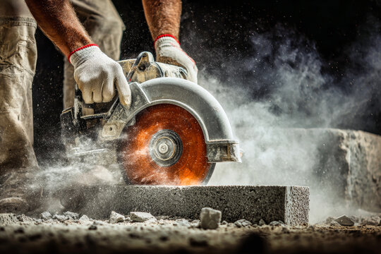 A worker uses a saw to cut a block of material in a construction area. Dust fills the air as the tool makes contact with the surface