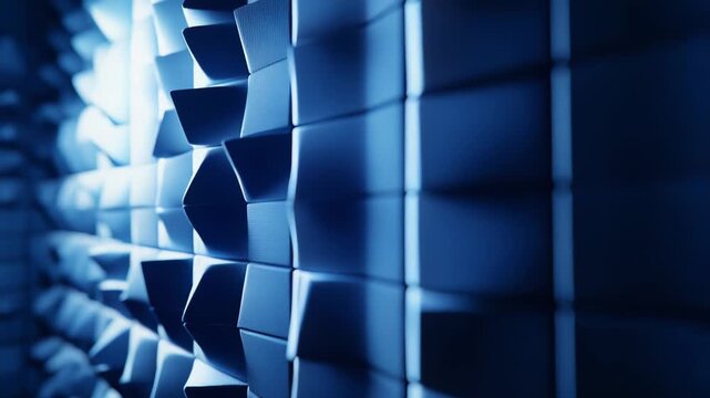 Abstract background presenting a futuristic geometric pattern of shifting blue shapes and cubes, creating a dynamic texture with soft lighting and shadow effects