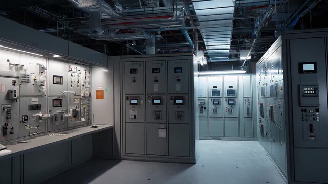 Modern industrial control room featuring numerous server racks, complex technical equipment, and essential infrastructure for data processing and operational management