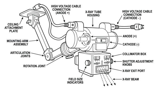 Medical x ray machine component diagram showing anode and cathode tube housing vector illustration.