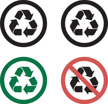 Recycle and recycling not allow sign recycle icon no recycle icon plastic paper glass sign symbol vector illustration for environmental regulation waste sorting and sustainability awareness design.