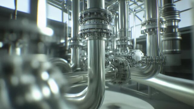 Polished steel pipes with flanges and valves creating a complex network inside a contemporary factory, representing manufacturing, engineering, and infrastructure