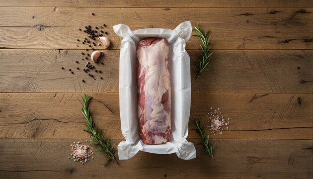 Raw pork tenderloin in artisanal paper packaging with fresh herbs