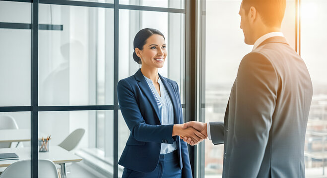 Smiling business woman shaking hands with male partner in modern office celebrating successful deal agreement or hiring interview success concept