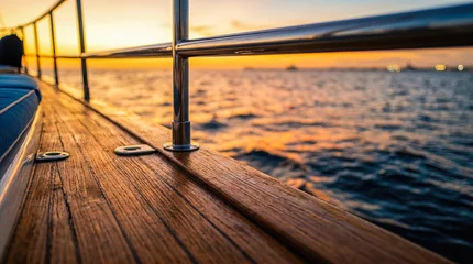 Fotobehang Zonsondergang Zee Close up view of beautiful wooden teak deck on luxury private yacht sailing across calm blue ocean water during spectacular golden summer sunset  © Celt Studio