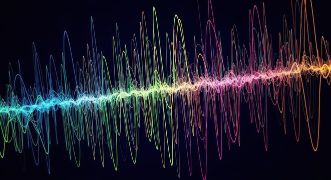 A colorful, abstract sound wave pattern on a black background.