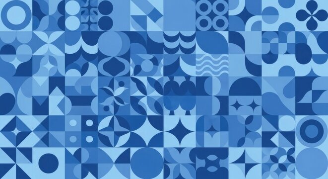 A blue and white geometric pattern with a mix of squares, circles, and triangles in a repeating pattern.