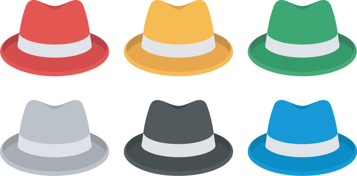 Six color hats vector icons collection representing multiple thinking styles creativity analysis and decision making frameworks for brainstorming and strategic planning design.