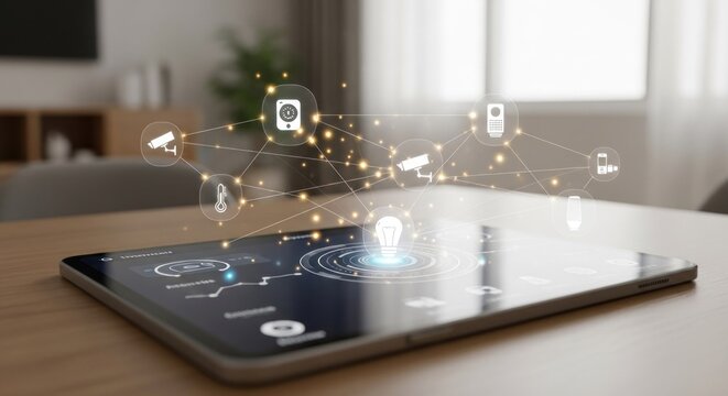 A tablet with a network of icons representing various smart home devices and controls, displayed on a wooden table in a modern living room with a blurred background featuring a plant and a sofa.