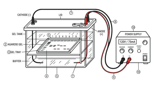 Electrophoresis gel tank vector illustration with power supply, lid, agarose gel, and gel tray.