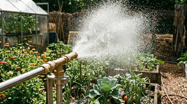 Water sprinkler spraying plants in a lush organic vegetable plot with sprinkler, irrigation