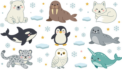 Cute Arctic Animal Cartoon Collection Featuring Polar Bear Walrus Arctic Fox Orca Penguin Seal Snow Leopard Owl and Narwhal © Bokul
