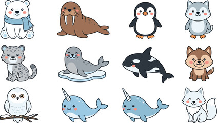 Cute Arctic and Marine Animal Cartoon Collection Featuring Polar Bear Walrus Penguin Wolf Leopard Seal Orca Owl and Narwhal Characters © Bokul
