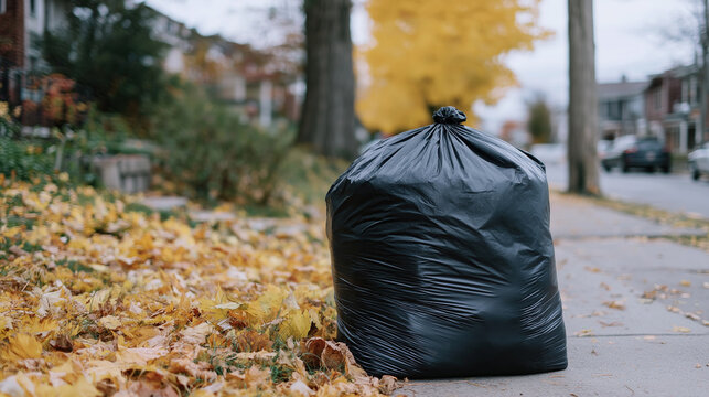 A large full black plastic waste sack sits on a gray pavement street edge surrounded by scattered yellow autumn foliage.